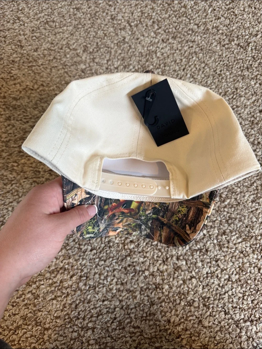 David and Young Cream Trucker Hat with Red Embroidery and Camo Bill